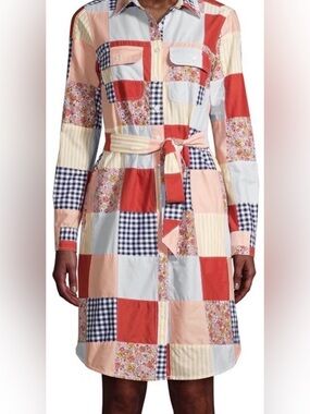 Lands' End Patchwork Shirt Dress in Coral, Navy & Cream